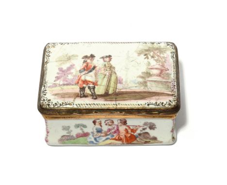 A rectangular enamel snuff box  c.1760-70, possibly Birmingham, the lid painted with a soldier and his companion in formal ga
