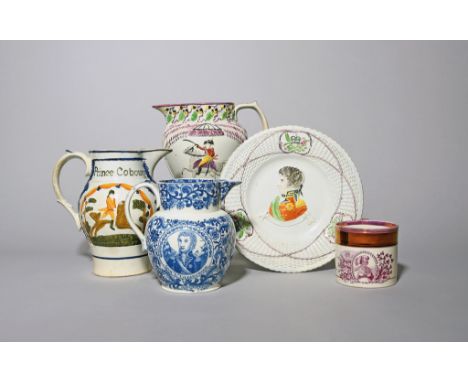 Three commemorative pearlware jugs  early 19th century, one Pratt ware and decorated with portraits of Prince Cobourg and the