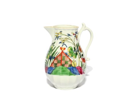 A Worcester fluted milk jug  c.1768-72, brightly decorated in an extended Kakiemon palette with the 'Chequered Tent' pattern,