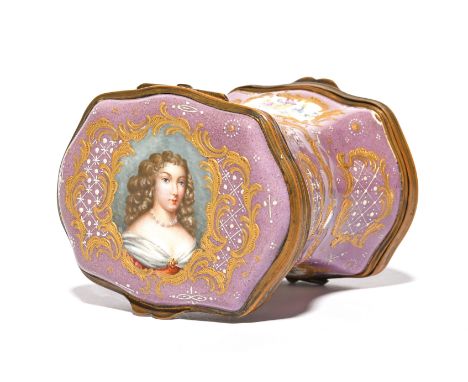 A Samson enamel double-ended box late 19th century, painted to one end with a portrait of a young woman, the other end with a
