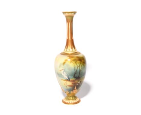 A Royal Worcester vase  date code for 1908, the slender ovoid body painted with a stork standing on one leg in a continuous w