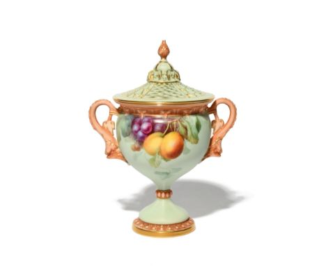 A Royal Worcester pot pourri vase and outer cover  date code for 1902, of shape 2211, painted by Frederick Chivers with an ar