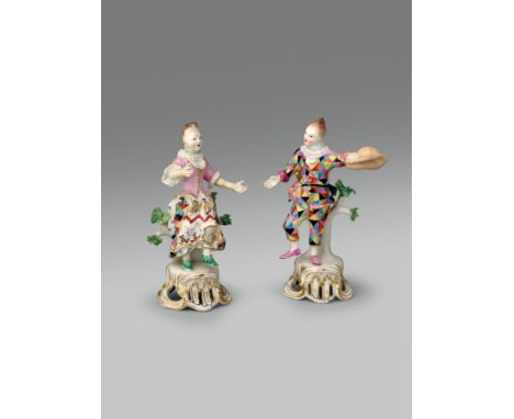 A rare pair of Bow Commedia dell'Arte figures of Harlequin and Columbine dancing  c.1765-70, each dressed in colourful costum