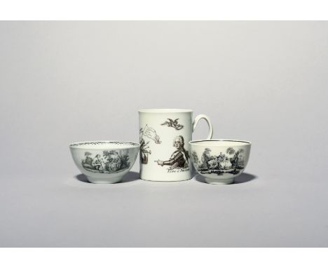 A small Worcester King of Prussia mug  c.1757-60, the cylindrical form printed with a portrait of Frederick the Great alongsi