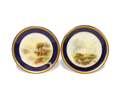 Two Royal Worcester cabinet plates  date codes for 1910 and 1912, one of dished form, each painted by John Stinton with scene