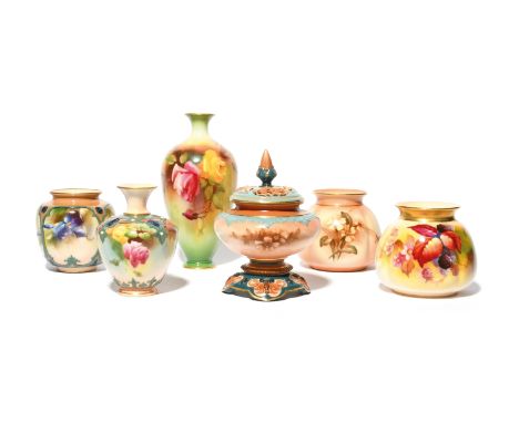Three Royal Worcester vases and three Hadley's Worcester vases  1st half 20th century, one by Kitty Blake and painted with bl