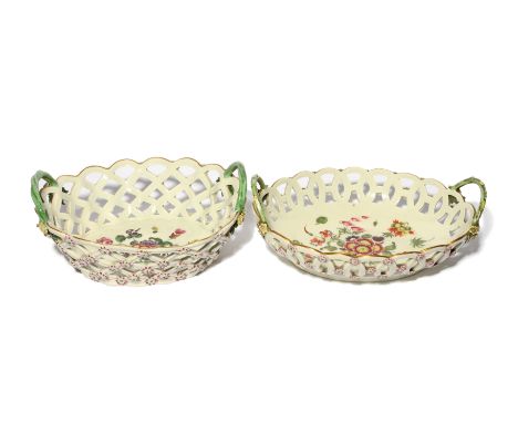 Two large Worcester baskets  c.1765-75, of varying oval form, the interiors painted with polychrome flower sprays, the pierce