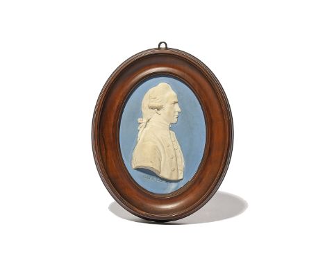 A Wedgwood Jasperware portrait plaque of Captain James Cook  late 18th/19th century, modelled by John Flaxman in profile, fac