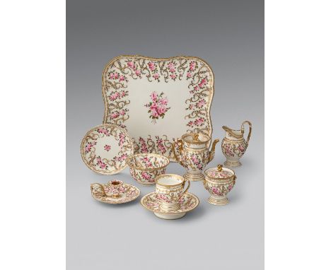 A Swansea cabaret or petit dejeuner set  c.1815-17, decorated with spiralling stripes of pink roses between gilt borders with