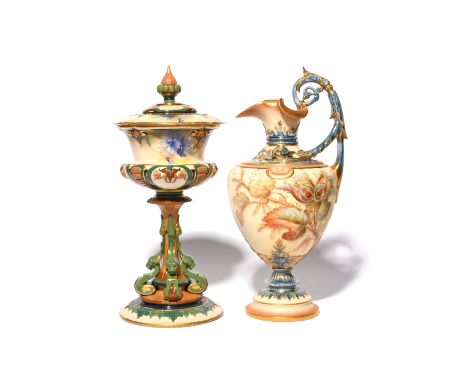 A Royal Worcester ewer  date code for 1893, of shape 1309, decorated in the Raby manner with colourful leafy branches on an i