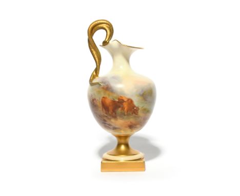 A Royal Worcester ewer  date code for 1911, of shape 1968, painted by Harry Stinton with Highland cattle in a mountain landsc