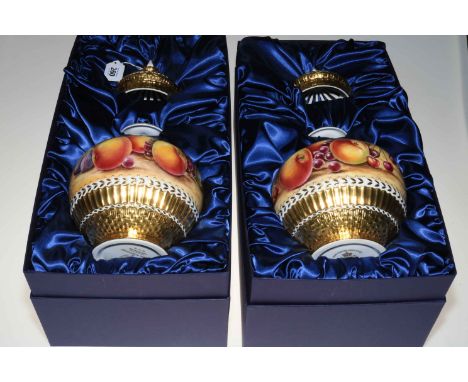 Impressive large pair of Royal Worcester fruit decorated pot pourri vases of ovoid form with internal lid and outer pierced l