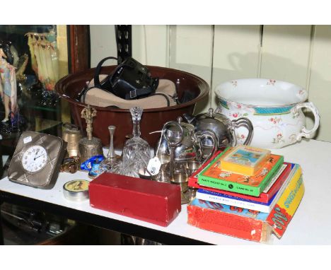 Silver cased eight day travelling clock, Chinon camera, vintage games, metalwares, etc.