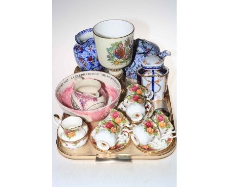 Six Royal Albert Country Roses cups and saucers, sugar and cream, lustre jug and bowl, Spode chalice, Ringtons, etc.