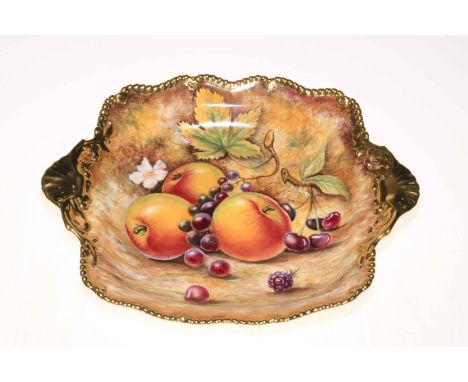 Royal Worcester hand painted fruit decorated square Tudor dish, signed D Winter.