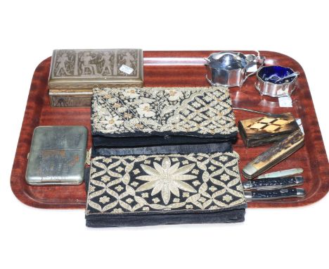 Silver mustard and salt, white metal and Niello cigarette case, Egyptian design cigarette box, pocket knives, snuff box and t