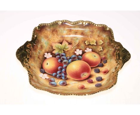 Royal Worcester hand painted fruit decorated square Tudor dish, signed J Bowman.