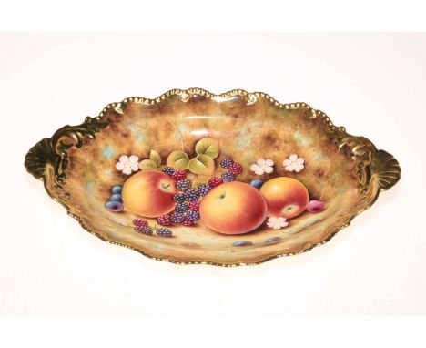 Royal Worcester hand painted fruit decorated oval Tudor dish, signed J Bowman.
