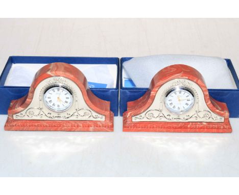 Two R. Carr sterling silver fronted marble effect clocks, boxed.
