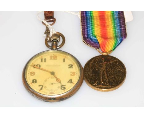 A Jaeger LeCoultre military issue pocket watch and a WWI medal '40421 PTE J. Pattison Northumberland Fusiliers'.