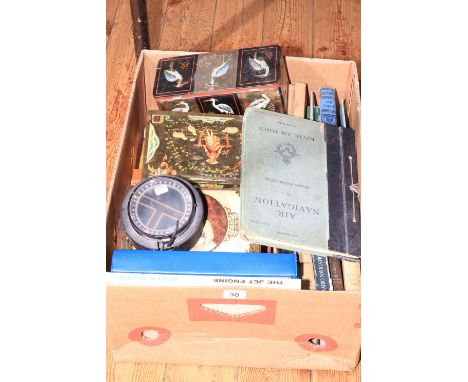 Hughes &amp; Son Mark III compass, assorted WW2 era RAF military books, tins, etc.