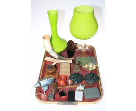 Large green glass vase and goblet, horn vase, lighters, Lucas Hopper Jetstream, etc.