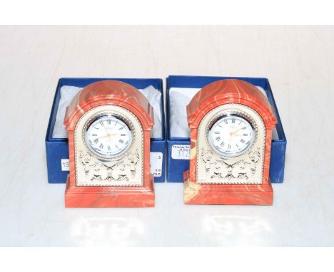 Two R. Carr sterling silver fronted marble effect clocks, boxed.