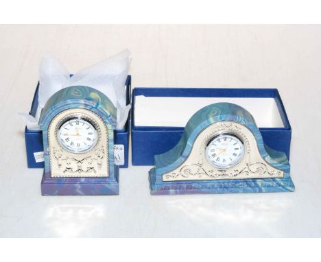 Two R. Carr sterling silver fronted marble effect clocks, boxed.