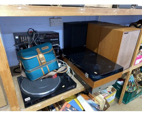 Shelf of assorted items including hi fi, turntable, speakers and a Sharp digital Viewcam