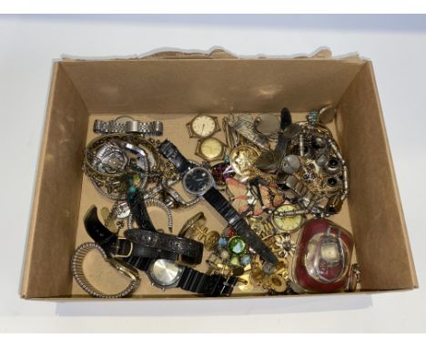 A box of costume jewellery and wrist watches to include a Pulsar and Timex wristwatch, cufflinks and bracelets