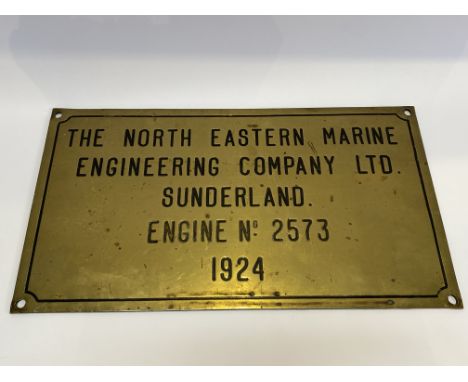 An early 20th century brass engine plate, 'The North Eastern Marine Engineering Company Ltd, Sunderland, Engine No. 2573', da