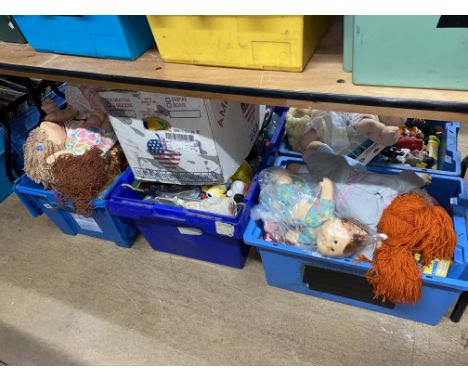 Four boxes of assorted toys to include Cabbage Patch Kids dolls and a Victorian mahogany toilet mirror
