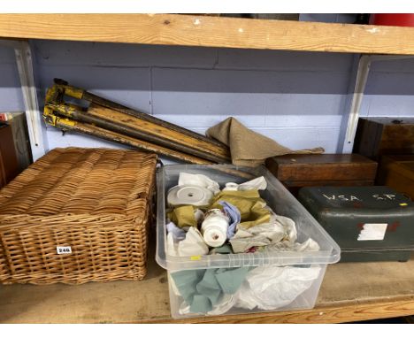 Shelf of assorted including Royal Albert Old Country Roses, surveying equipment, Aynsley and a wicker basket