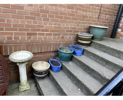 Seven various glazed ceramic plant pots and a pedestal bird bath