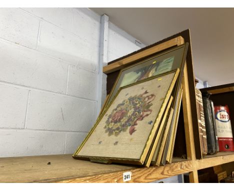 Fourteen mixed genre pictures on a shelf, to include landscape and maritime watercolours, early 20th century needleworks, and