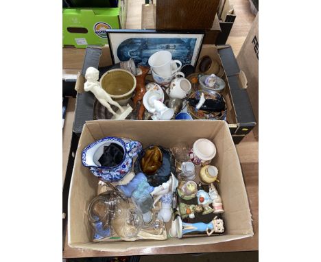 Two boxes of mixed ceramics, including Beatrix Potter miniatures, Nao and Ringtons china