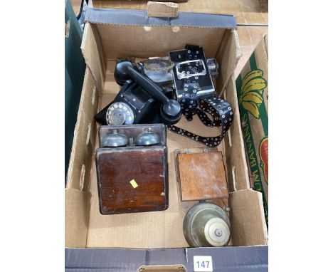 A Bakelite rotary dial telephone, GPO type bell and other similar items