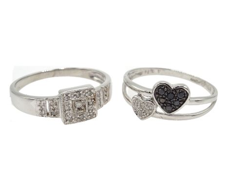 Black and white diamond heart white gold ring and a square rim set diamond white gold ring both hallmarked 9ct Condition Repo