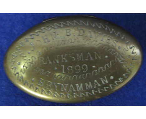19th Century Welsh brass miners snuff box engraved John B Davies, banksman, 1899 Brynamman.
