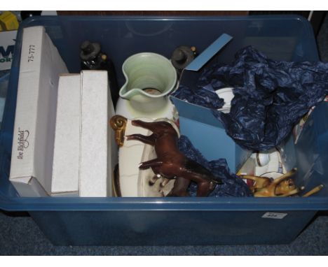 Box of assorted china to include boxed collectors plates, china horse figure group, Wade decanters in the form of caped man, 