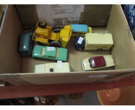 Small box of assorted vintage Dinky toy die cast vehicles to include four berth caravan, Muir-hill dumper, Commer five tonne,