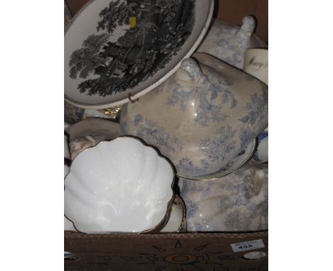 Box of assorted china to include Staffordshire floral teaware, blue and white Asiatic pheasants tureen lids, pottery chamber 