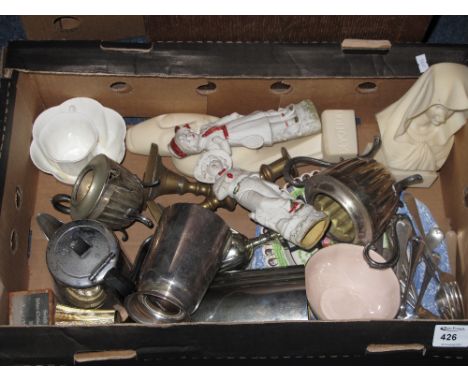 Tray of assorted items to include loose and sorted plated cutlery, Shelley fluted cup and sucrier, continental figures, brass
