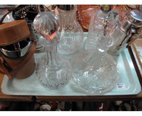 Tray of assorted mainly glassware items to include ships type decanter and stopper, hobnail cut square section decanter and s