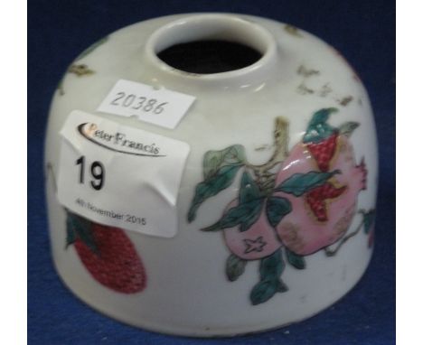 Chinese porcelain water pot in poly chrome enamel famille rose design having qian long red seal mark to base.
8.5cm diameter.