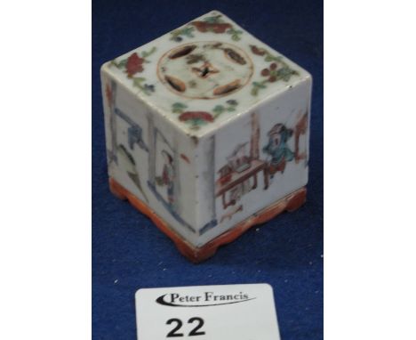 Chinese porcelain square shaped seal box with overall famille rose poly chrome enamel figural decoration, the cover pierced, 