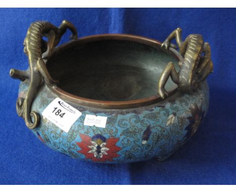 Chinese heavy quality Champleve enamel squat baluster bowl, overall foliate decorated and having two cast dragon mounts.  Tab