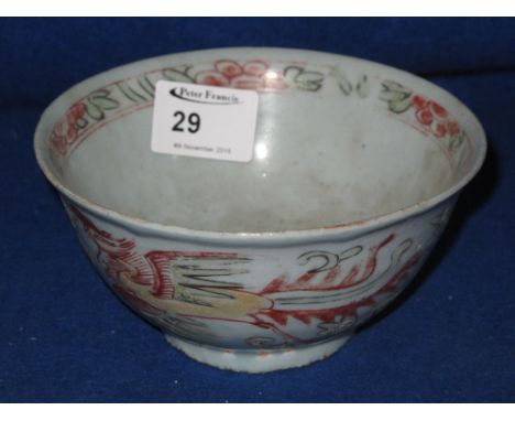 Chinese Ming style porcelain Wucai glazed bowl overall decorated with painted flying phoenix and peony scroll bands. 15cm dia