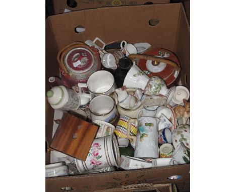 Tray of assorted china to include modern Chinese tea pot with a wicker handle, various floral vases, trinket boxes etc.
