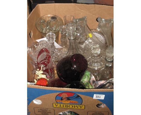 Box of assorted glass ware to include ruby flash cut style waisted vase, brandy balloon glass, decanters, specimen vases, fru